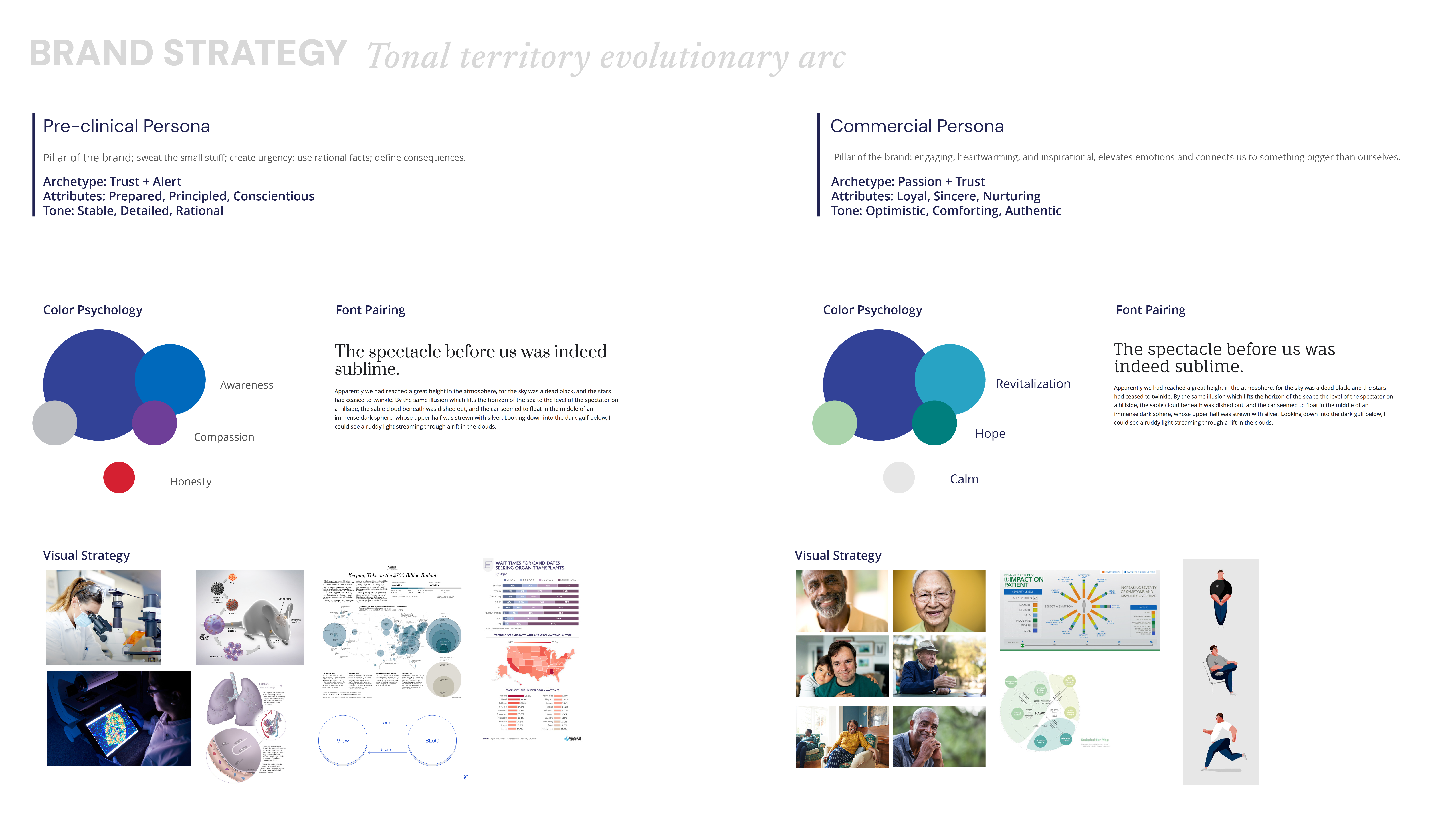 Brand strategy boards showing the system built to grow with the pipeline: a pre-clinical persona keyed to awareness, compassion and honesty, and a commercial persona keyed to revitalization, hope and calm, each with its own color psychology, font pairing and visual strategy direction.